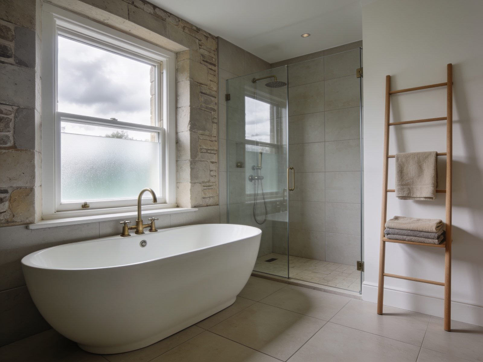 A family bathroom with a freestanding bath beneath a window and a walk-in shower behind glass.
