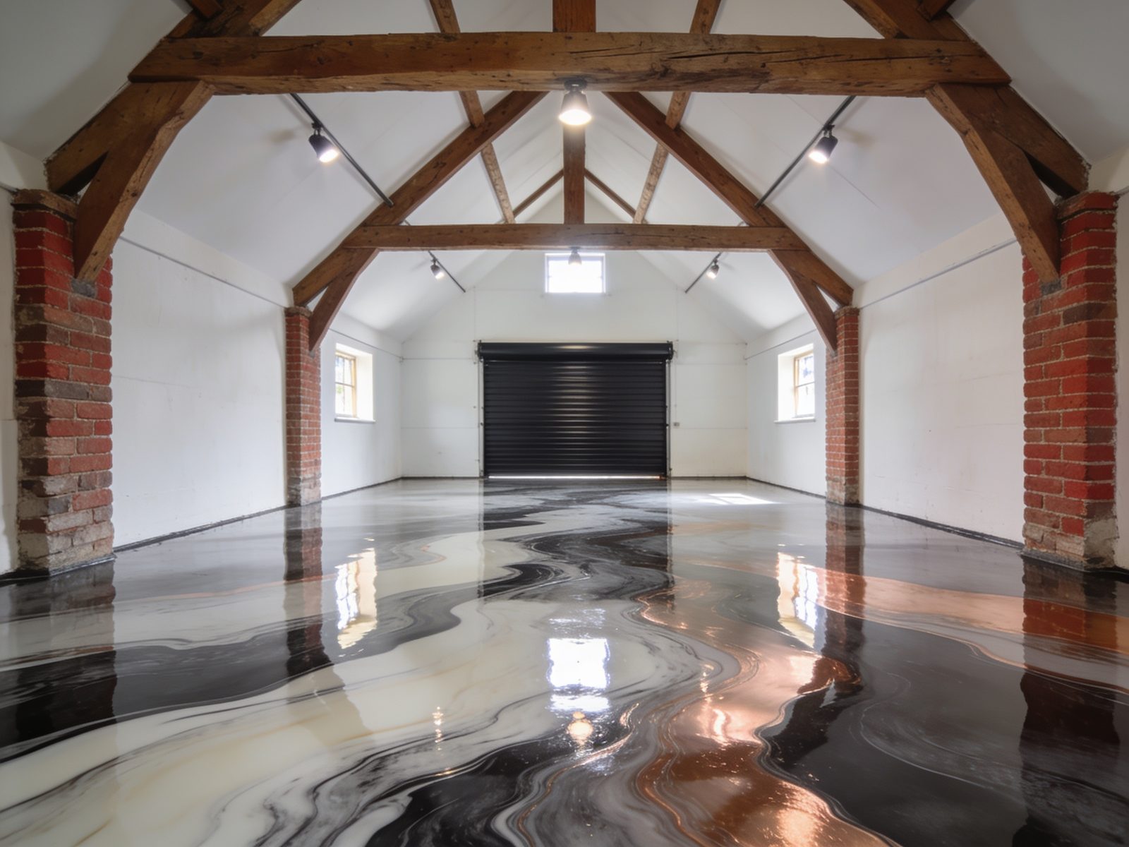 A mirror-gloss metallic resin floor in a converted barn garage, marbled in charcoal, pearl and copper under oak trusses.