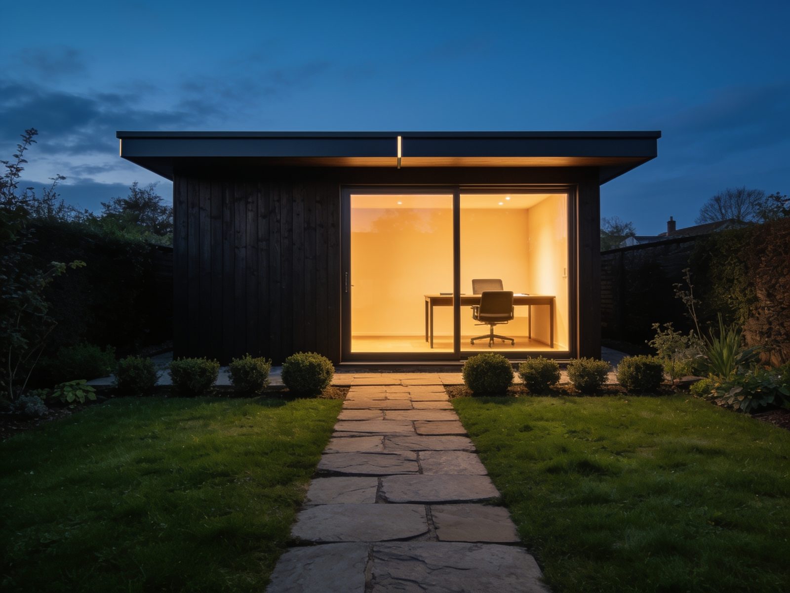 A contemporary garden room with full-height glazing and dark timber cladding, lit warmly at dusk.