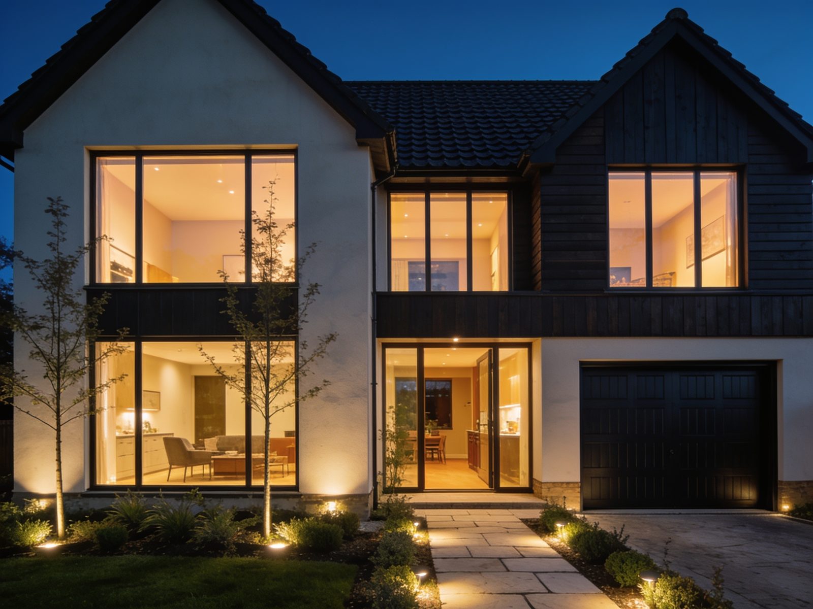 A contemporary British house at night, large windows glowing with warm light and the planting lit from below.