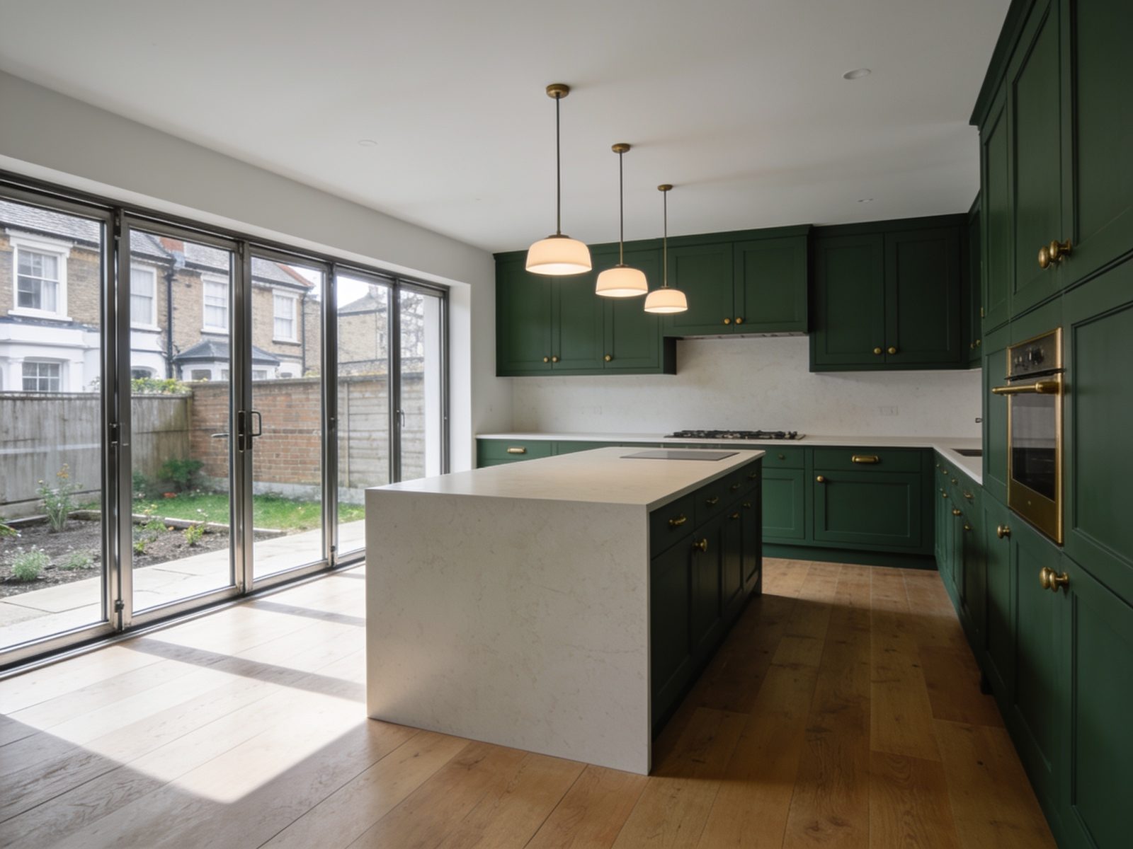 An open-plan kitchen with deep green shaker cabinetry, a quartz island and pendant lighting.