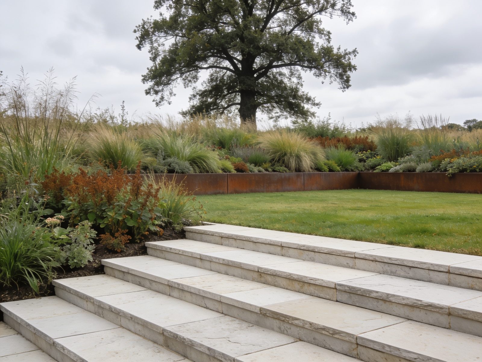 A landscaped garden with a stone terrace stepping down to a lawn and deep planted borders.