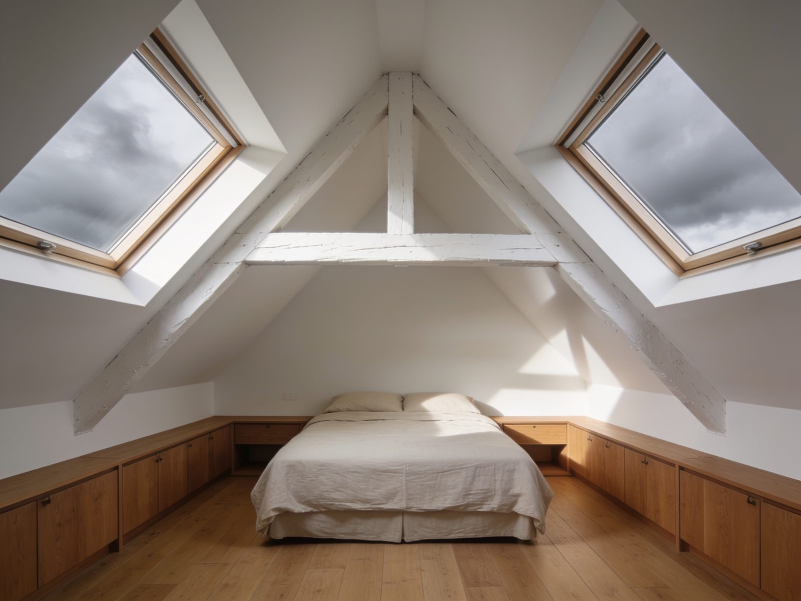 A loft conversion bedroom with sloped ceilings, two roof windows and fitted eaves storage.