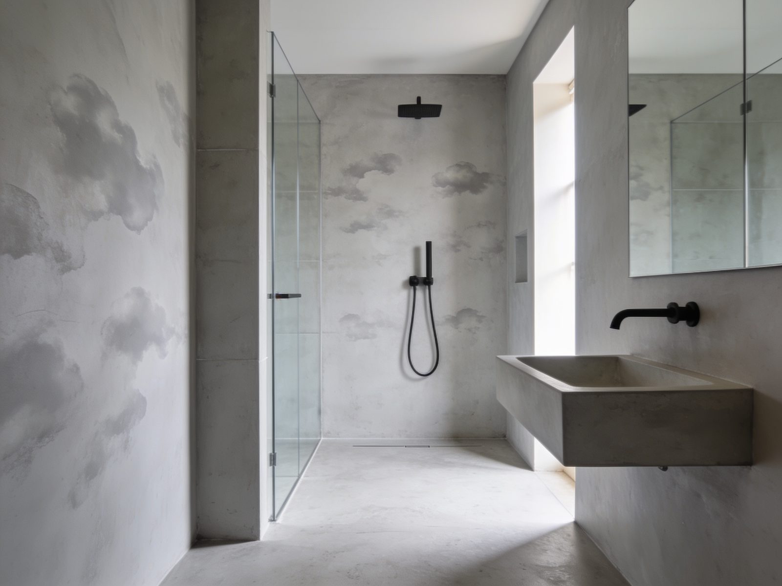 A seamless pale grey micro cement floor running into a wet room, with no joints or grout lines.