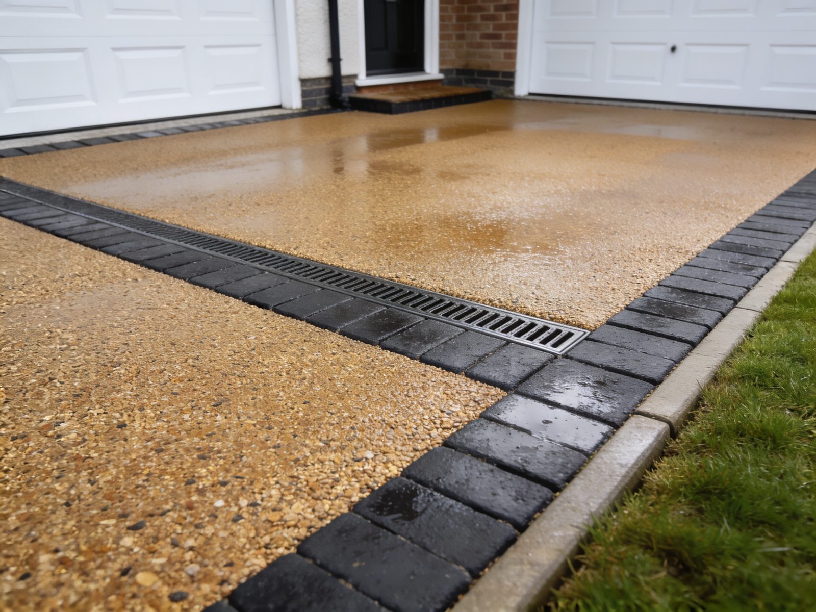 A resin-bound driveway in gold and charcoal aggregate with block edging and a drainage channel.