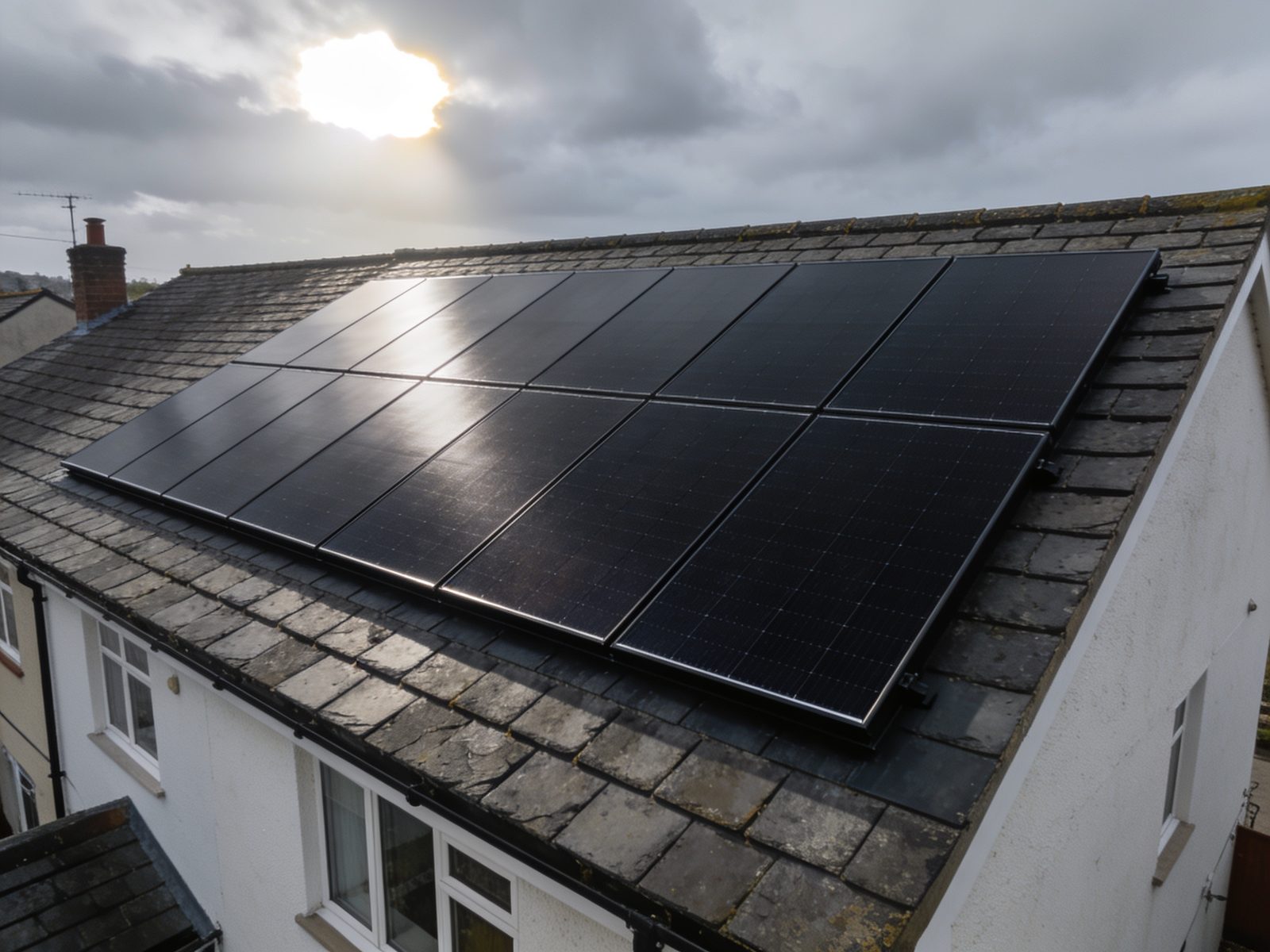 Matt black solar panels in a neat array, sitting flush on a pitched slate roof.
