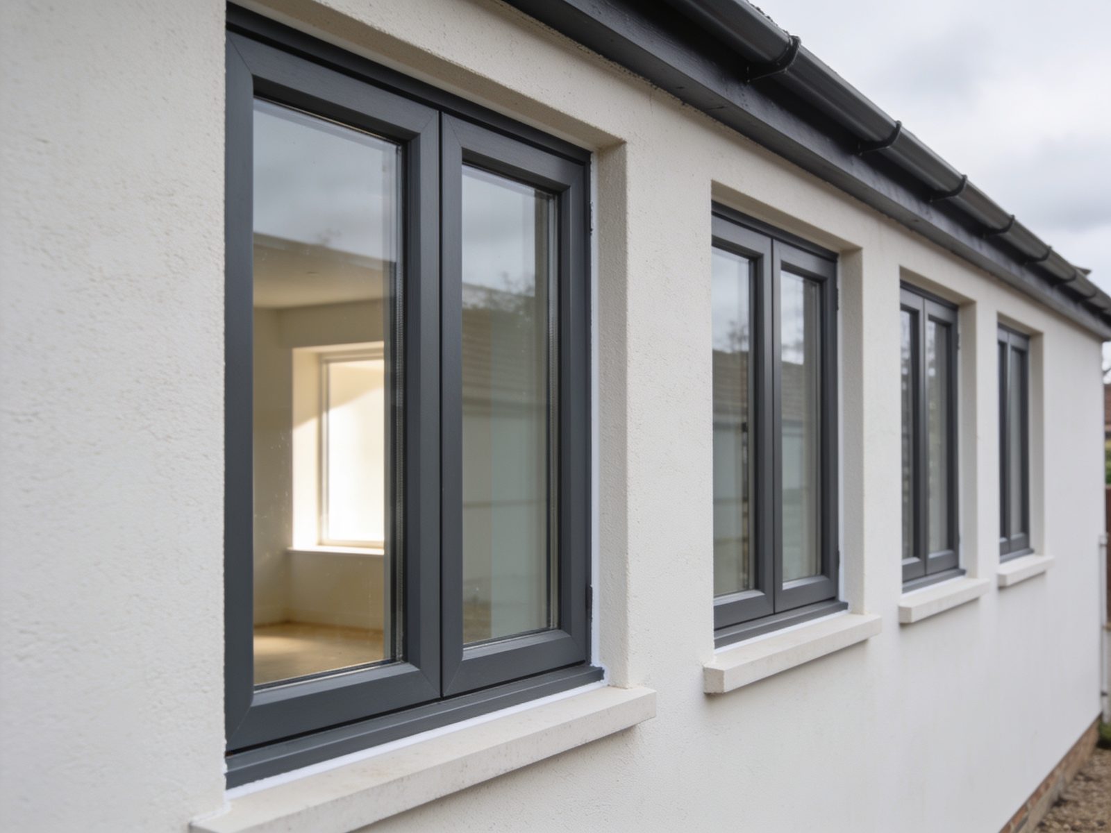 A run of new grey aluminium windows in a rendered wall, with slim frames and clean reveals.